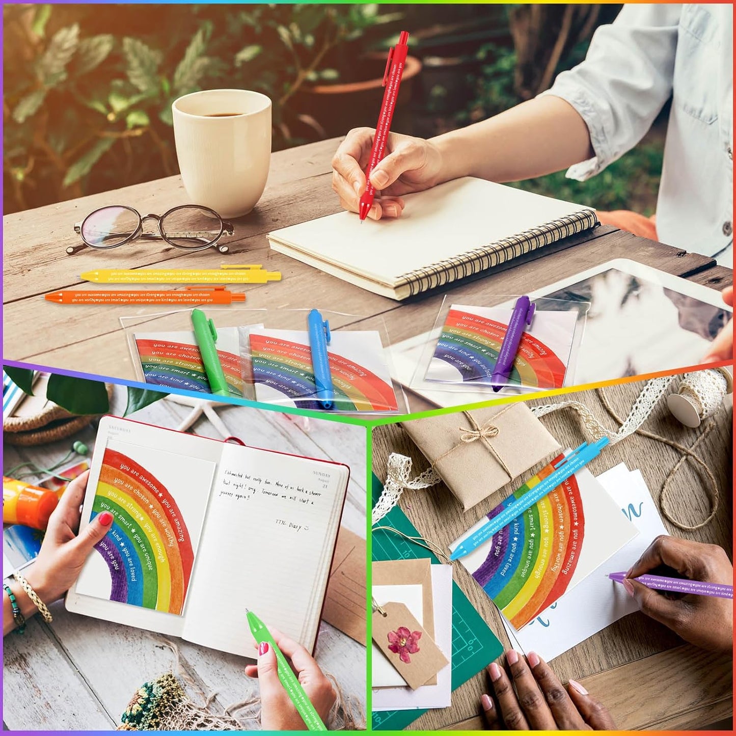 36 Pack Positive Gifts Bulk for Kids Rainbow Inspirational Pens Motivational Notebook with Affirmations Social Worker Child Student Employee Teacher -