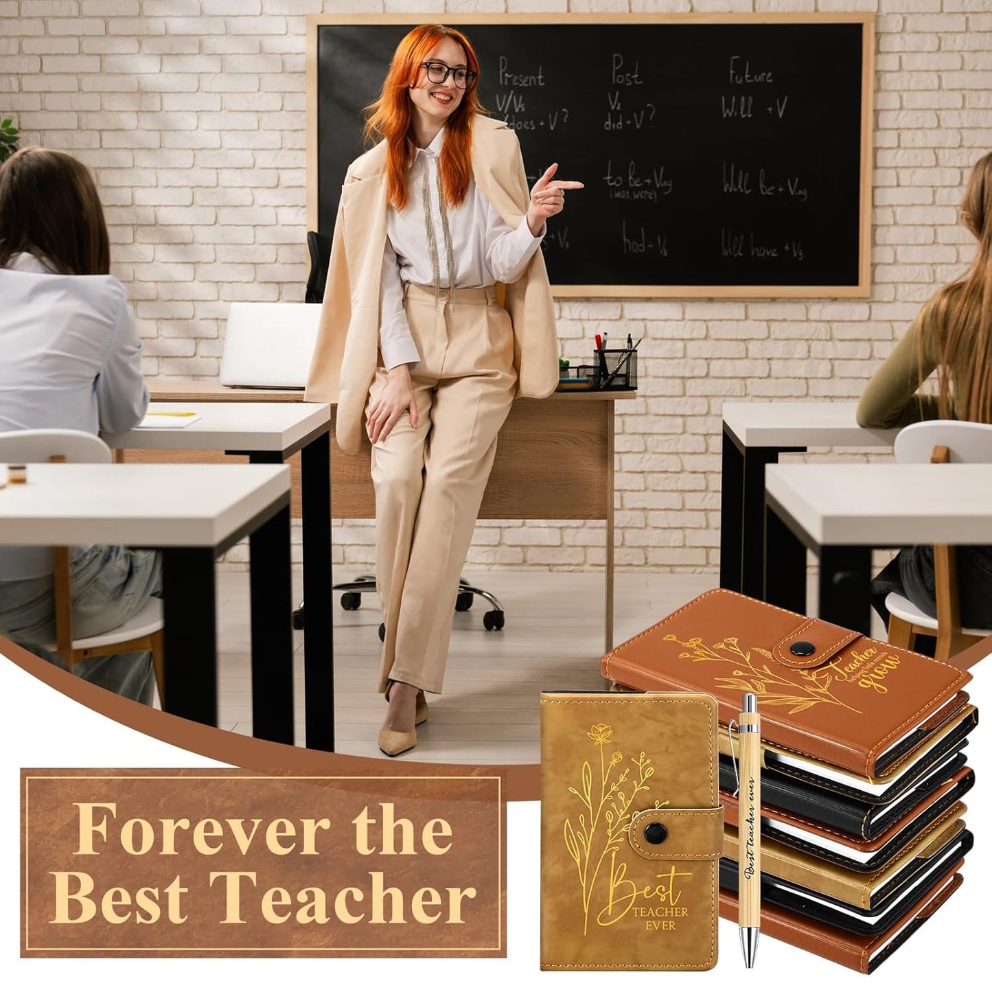 Teacher Appreciation Gifts – Inspirational Floral Leather Notebooks and Bamboo Pens with Motivational Quotes Ideal for Week, Back-to-School, Staff Gifts(Basic,60) -