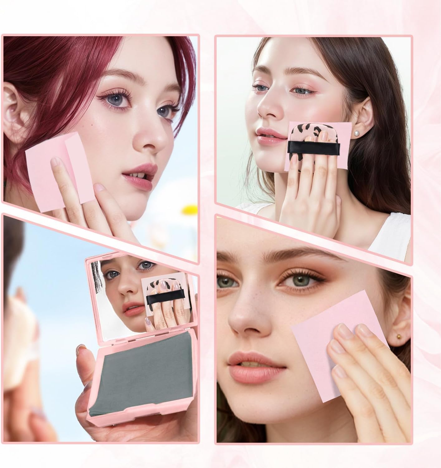 3-in-1 Oil Blotting Paper Set for Face Absorbing Sheet with Portable Mirror & Adhesive Makeup Puff, Oily Skin, Design Men Women(100 Sheets, Pink Leopard Print)