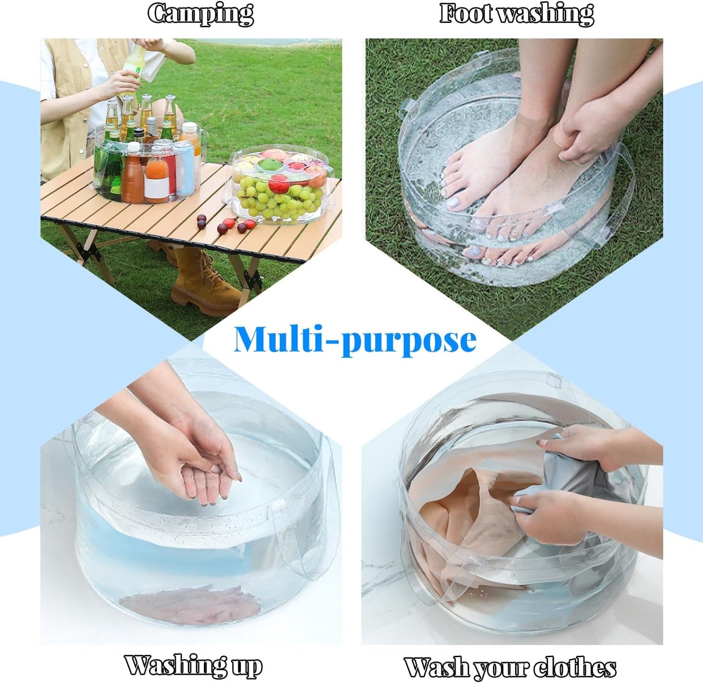 12L Collapsible Water Storage Bucket, Multi-Purpose Portable Folding Wash Basin, PVC Laundry Bag with Handle for Camping, Hiking, Washing Clothes, Vegetables, and Drinks(Transparent)