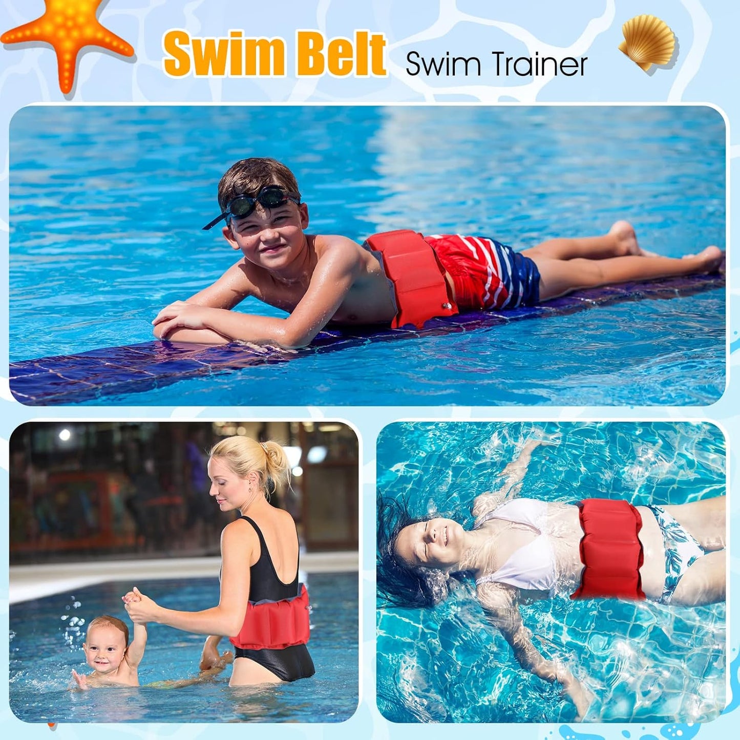 1 Pcs Inflatable Swim Belt Pool Flotation Portable Waist Aid for Adults Adjustable Swimming Training with Buckle and Rope Beginner Red Blue Solid Color