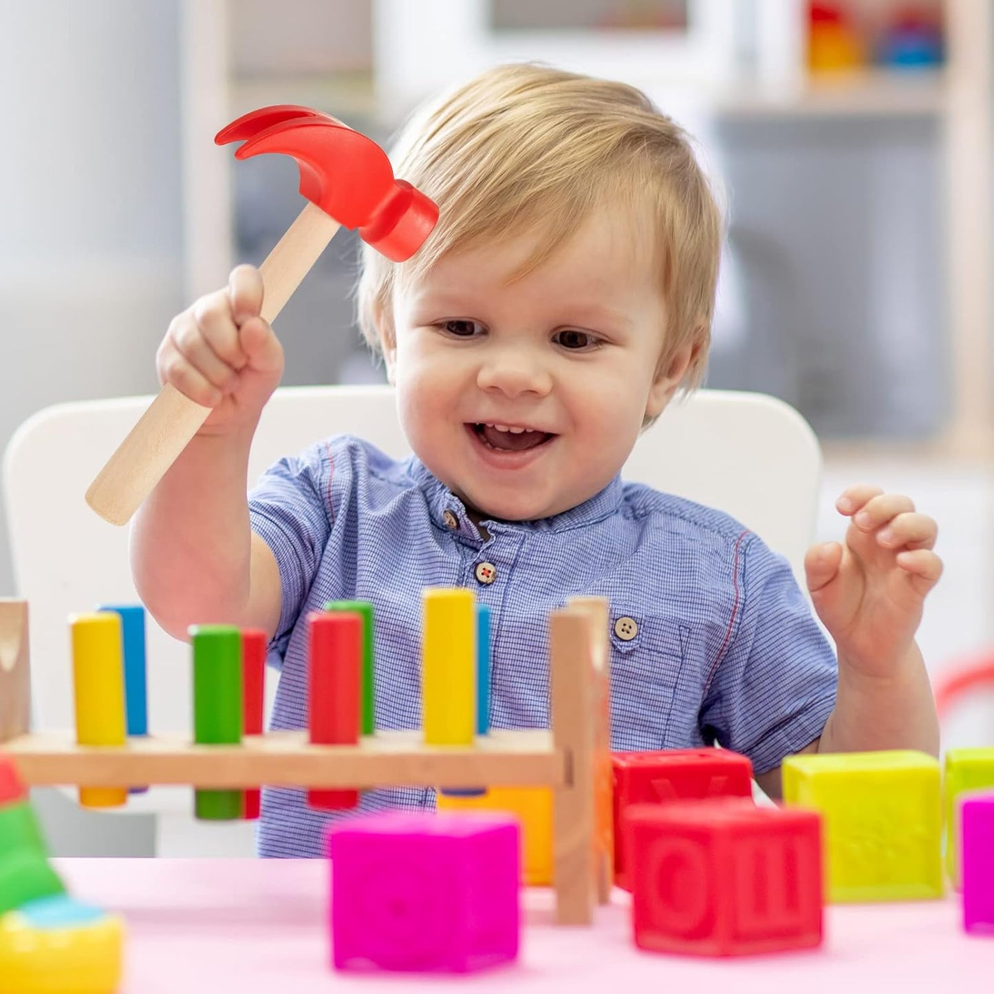 8 Pcs Wooden Hammer Toys Simulation Hammers Small Toy Maintenance Tools for Education Little Teenagers School Gift Birthday Party, Red, 6.5 Inches