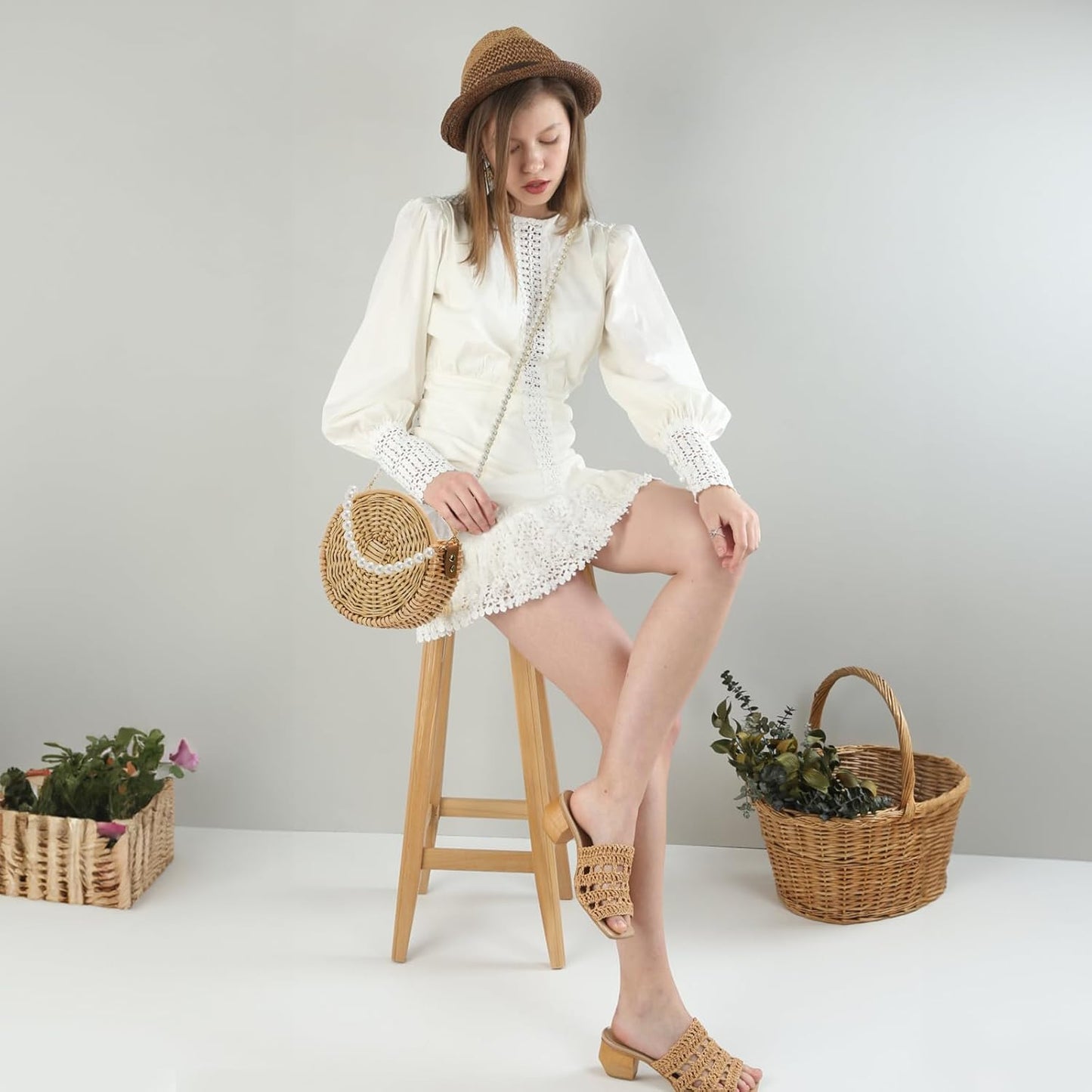Round Rattan Bag, 8" Hand-woven Wicker Basket Purse, Boho Crossbody Handbag With Pearl Strap Handle, Retro Summer Beach Straw Tote Clutch for Women