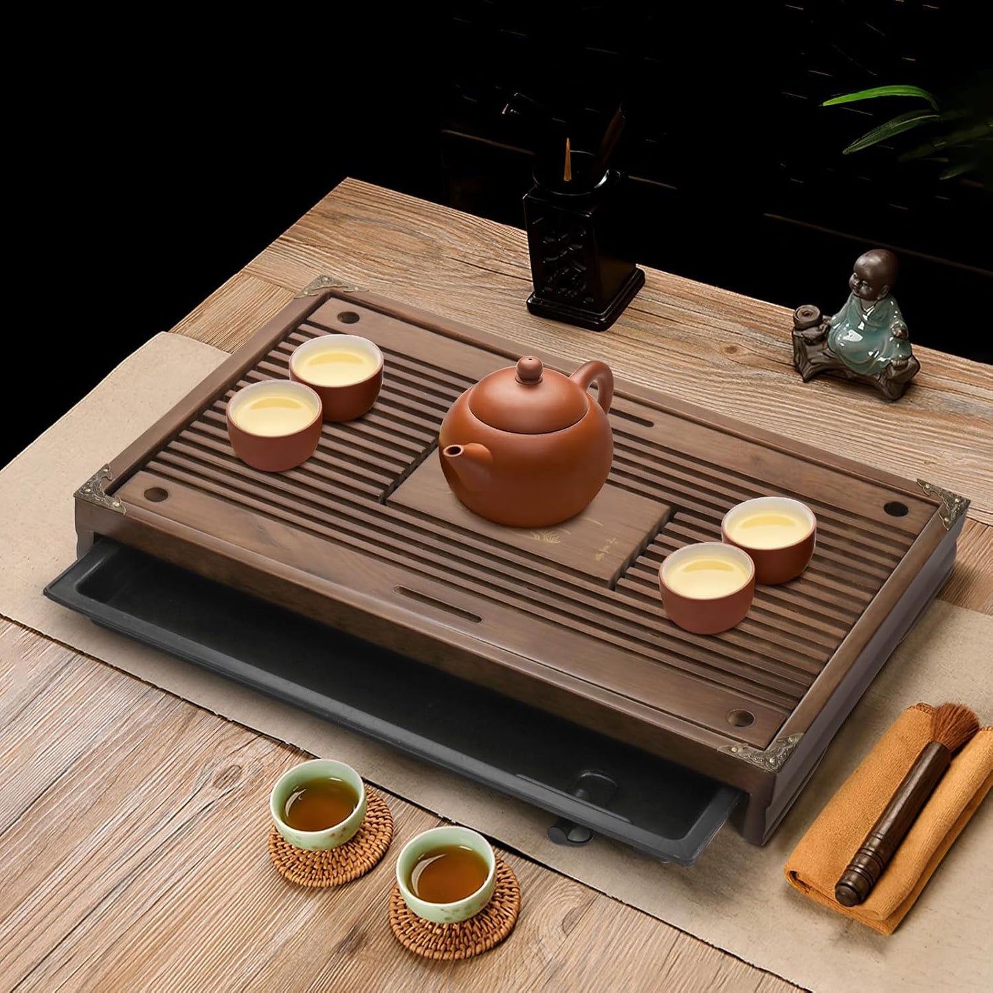 Wooden Tea Tray, 17 Inch Chinese Kung Fu Gongfu Table with Water Storage Box, Household Filter Serving Tray Gift Set for Home, Office, Bar
