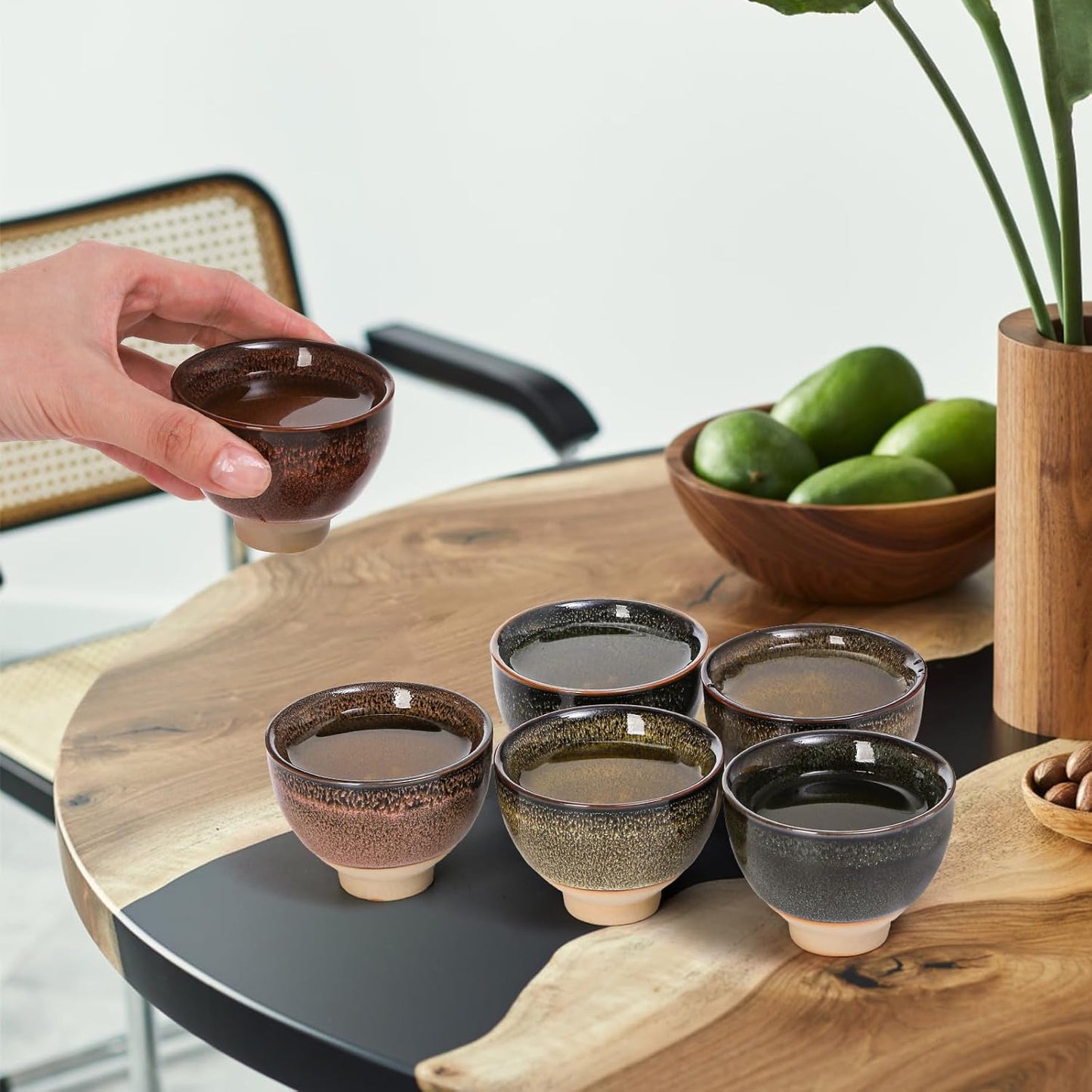 6 Pack 2oz Ceramic Tea Sake Cups, Handcrafted Chinese Kungfu Cup, Japanese Cup Set, Small for Soju Shot, Matcha, Saki, Asian Accessories, Colors