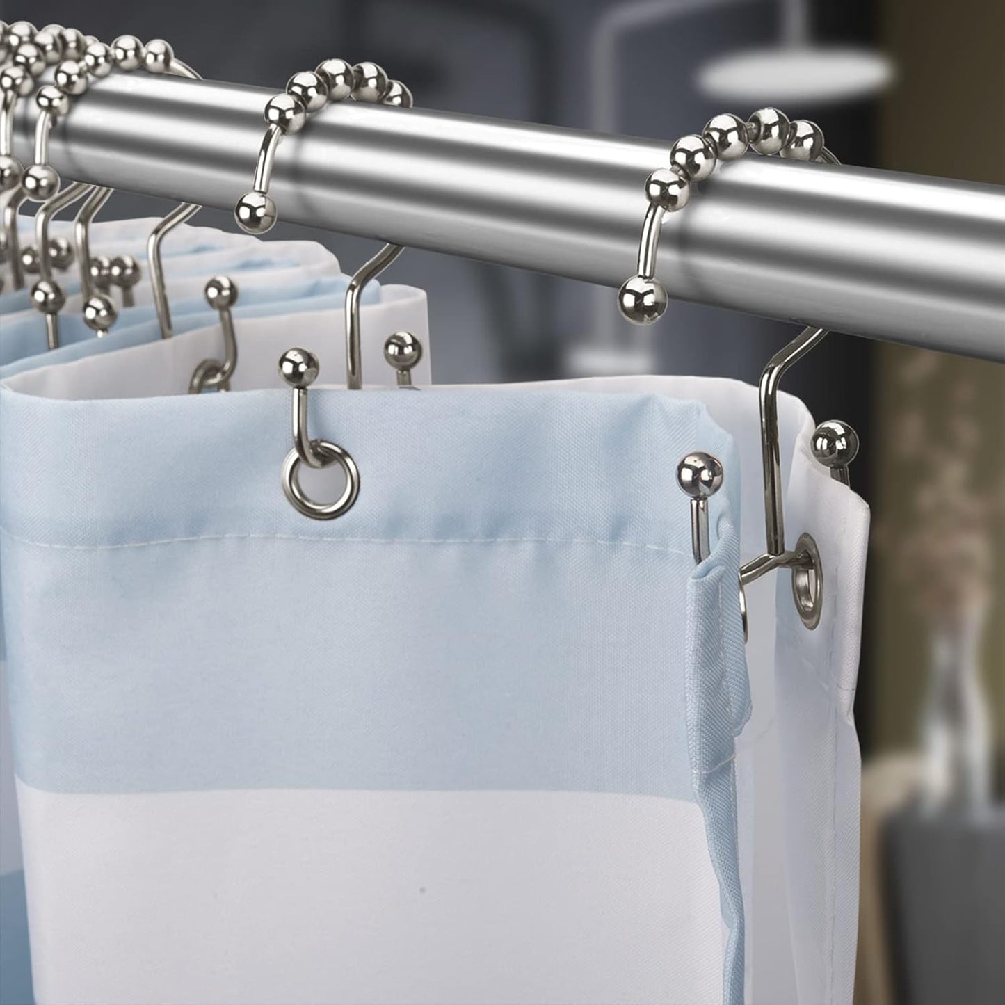 Shower Curtain Hooks - Stainless Steel - Metal - Double Sliding Clasp - Shower Curtain Rings - Suitable for Bathrooms - Double Shower Curtains - Shower Curtains - 12-pack - Nickel-coloured