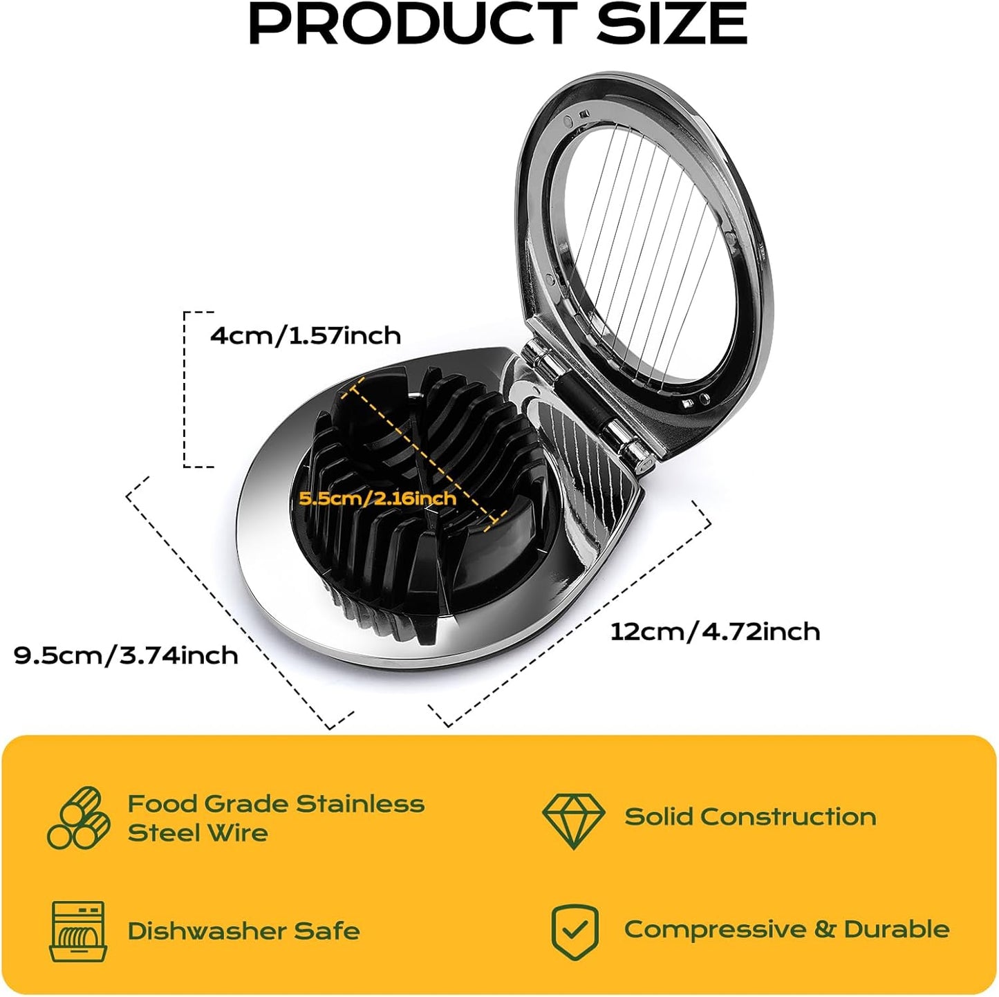 Egg Slicer - Egg Slicer - Heavy-Duty Egg Slicer for Hard-Boiled Eggs - Strawberry Decorating Slicer - Stainless Steel Wire - 3 Cutting Methods - Dishwasher Safe