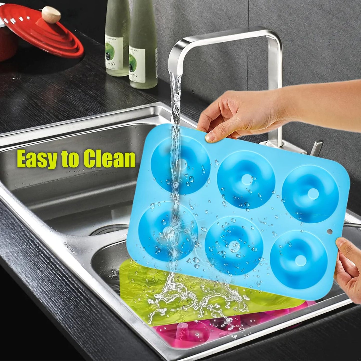 Silicone donut mould - 3-pack silicone donut mould - large non-stick tray with 6 cavities - donut mould - bagel baking mould - muffin-cupcake-cookie donut maker - baking equipment - baking tool - blue- red- green