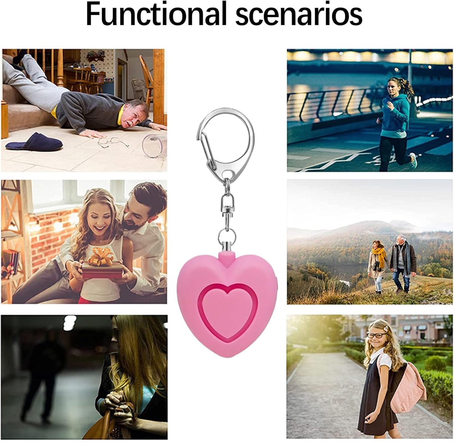 Personal alarm - 125dB - Heart-shaped - Protection device - with light - Keychain - for girls, women, children, the elderly, walking, traveling, parking, at night