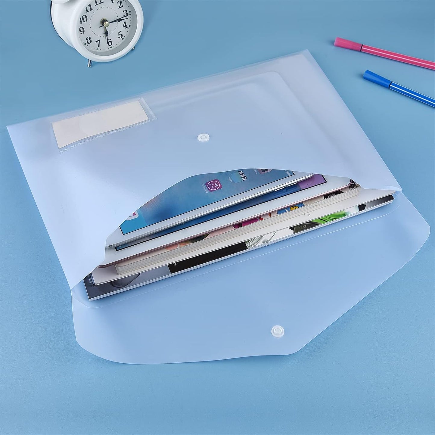10 pieces of A4 plastic envelope folders, transparent envelopes with press studs, A4 folders with label pockets for school, homework and office, 5 colours