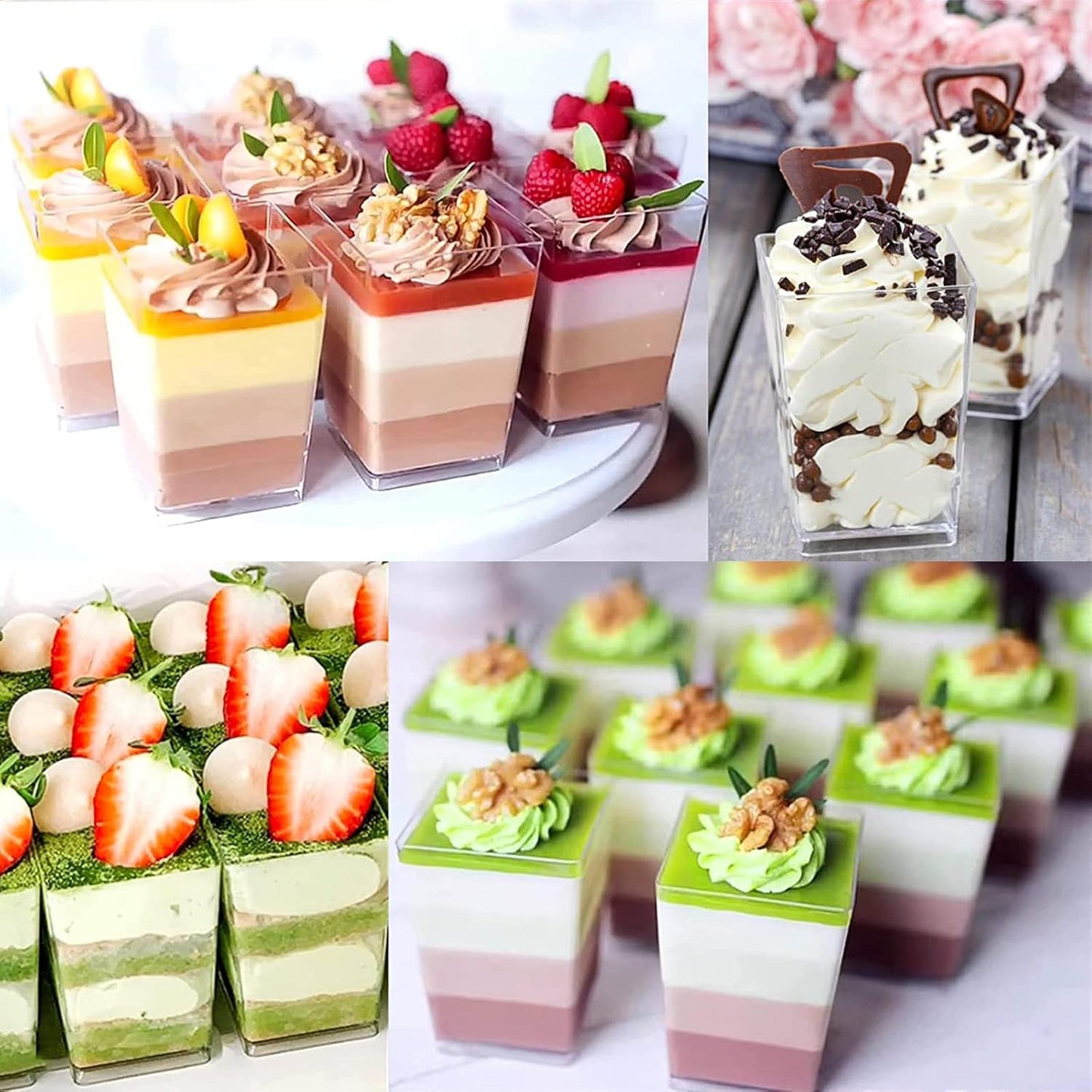 Mini dessert cups (with spoon) 50 pieces reusable- transparent- square plastic dessert cups- cheesecake pots- multifunctional dessert bowls for mousse pudding- dessert party supplies