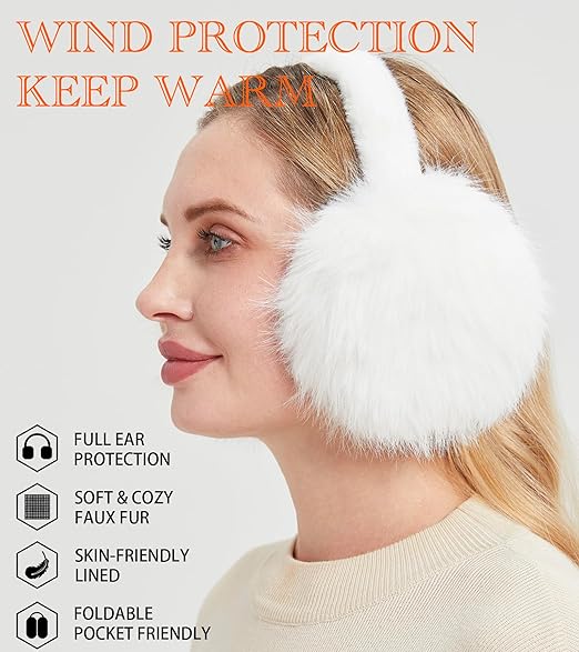 Unisex winter earmuffs - Foldable fleece earmuffs - Warm earmuffs - Earmuffs for cold weather - Cold protection earmuffs - Soft and comfortable - Suitable for outdoor use (White)
