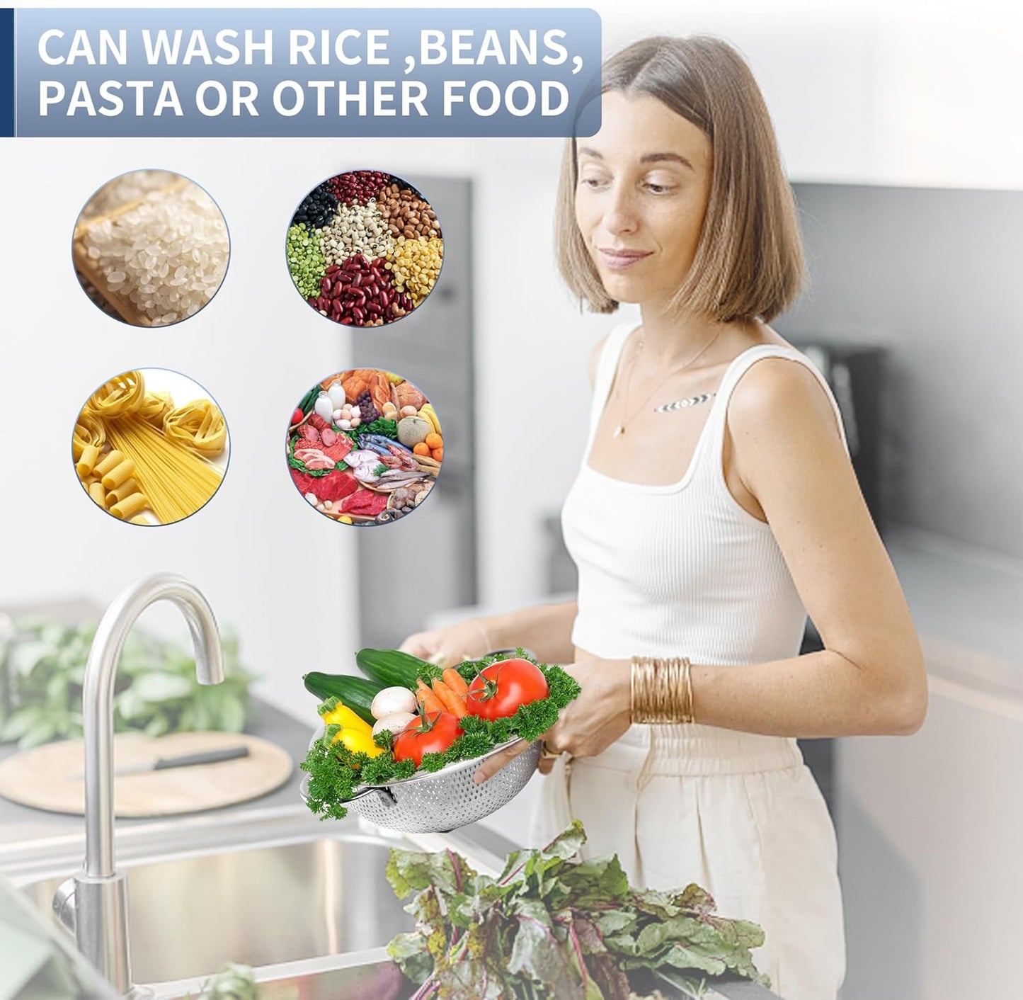 Colander Stainless Steel 3-Quart, Metal Strainer with Base, Strainer for Kitchen Food, Dishwasher Safe