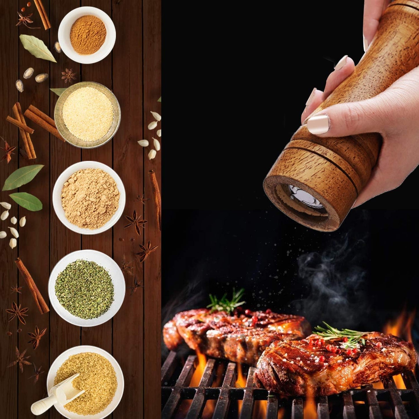 Gulex® Wood Pepper Grinder Pepper Mill,Adjustable Coarseness 8 Inch Wooden Peppermill, Ceramic Grinding Mechanism Salt Mill Refillable (1 pack) (Dark-1PC)