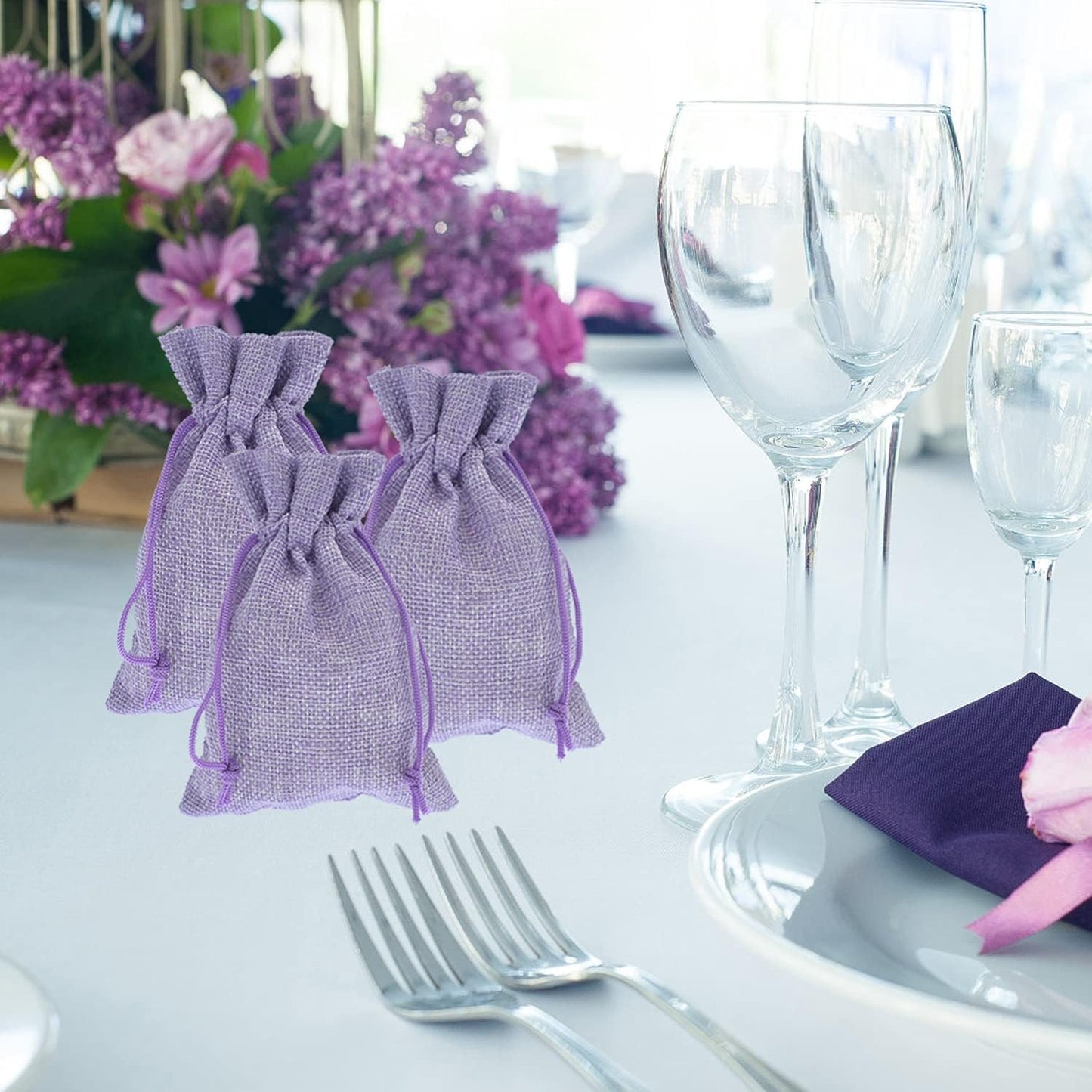 20Pcs Burlap Bags with Drawstring 2.7 x 3.5 Inch, Linen Small Party Favor Gift Bags Jewelry Pouches Sachet Sacks for Wedding, DIY Craft (Light Purple)
