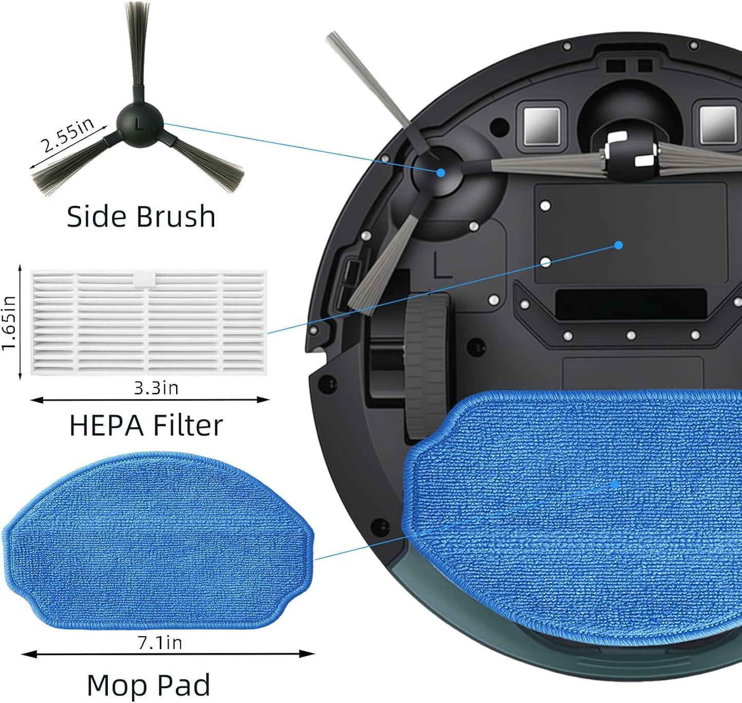Replacement Parts or MAMNV BR151, or ZCWA BR151, or MANVINS G20, or Kilgone G20, or ONSON BR151, or MANVN BR151, or ZC WAS BR151, or iMartine BR151 Robot Vacuum,6 Side Brush,4 Mop Pad,4 ilter