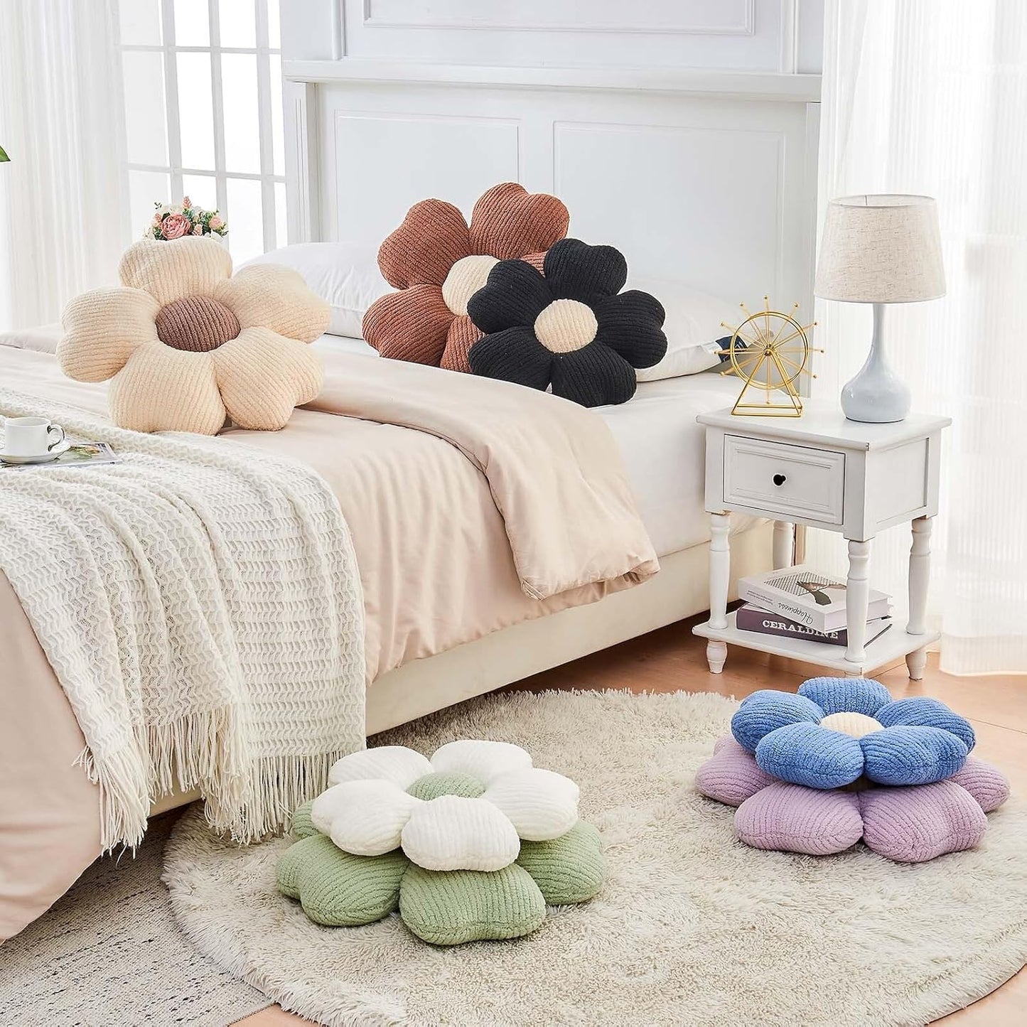Flower Throw Pillow, Cute Flower Shaped Pillow Decorative Throw Pillow for Bed Couch, Soft Daisy Pillows Floor Seating Cushion Cushions (14.9 Inch Ivory+Brown)