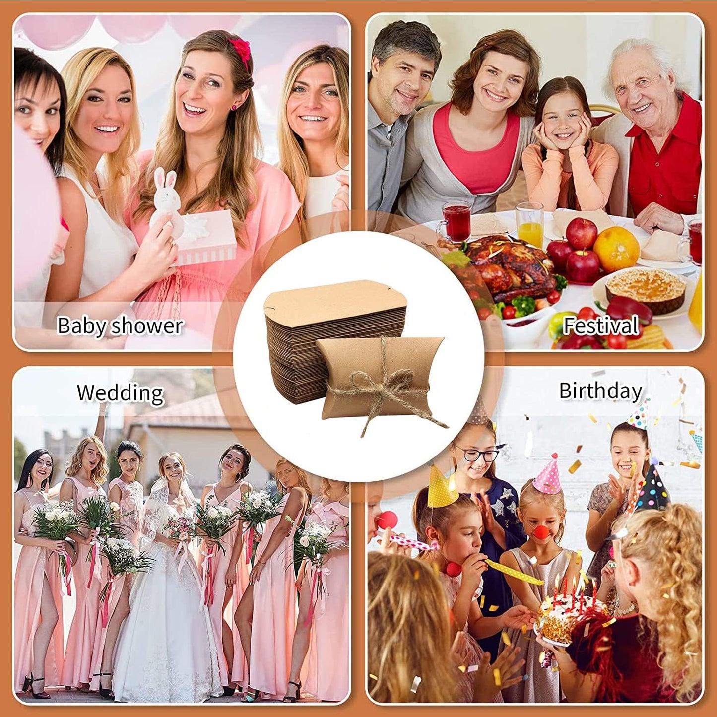 BallHull Kraft Paper Pillow Candy Box, Foldable Gift Box with Jute Rope for Weddings, Parties, Birthdays, Holidays, 60 Pcs