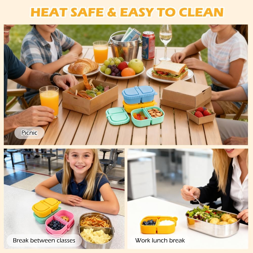 YQL 4 Pack Silicone Snack Containers with Leakproof Lids, Double-Compartment Bento Boxes for Kids & Adults, Reusable Food Storage for Snacks, Sauces, Lunch, Travel, and Meal Prep