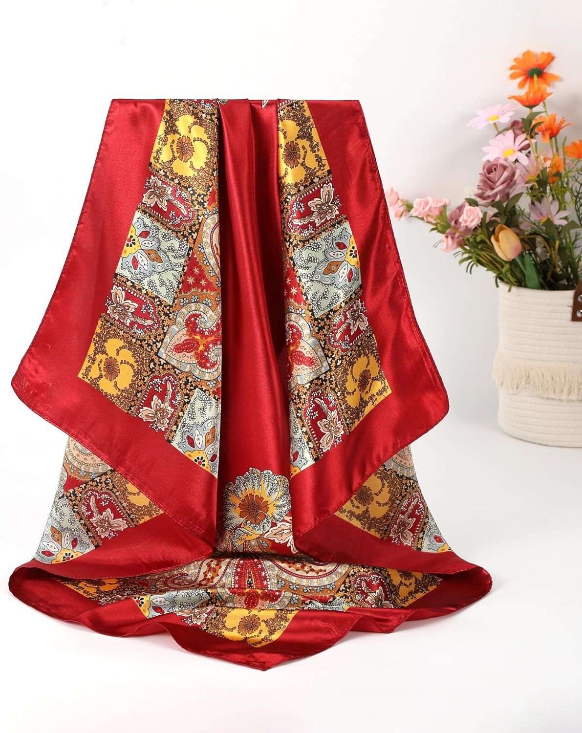 35" Large Silk Hair Scar or Women - 4Pcs Satin Head Scar Square Hair Bandanas loral Wild Rag Sleeping Head Wraps