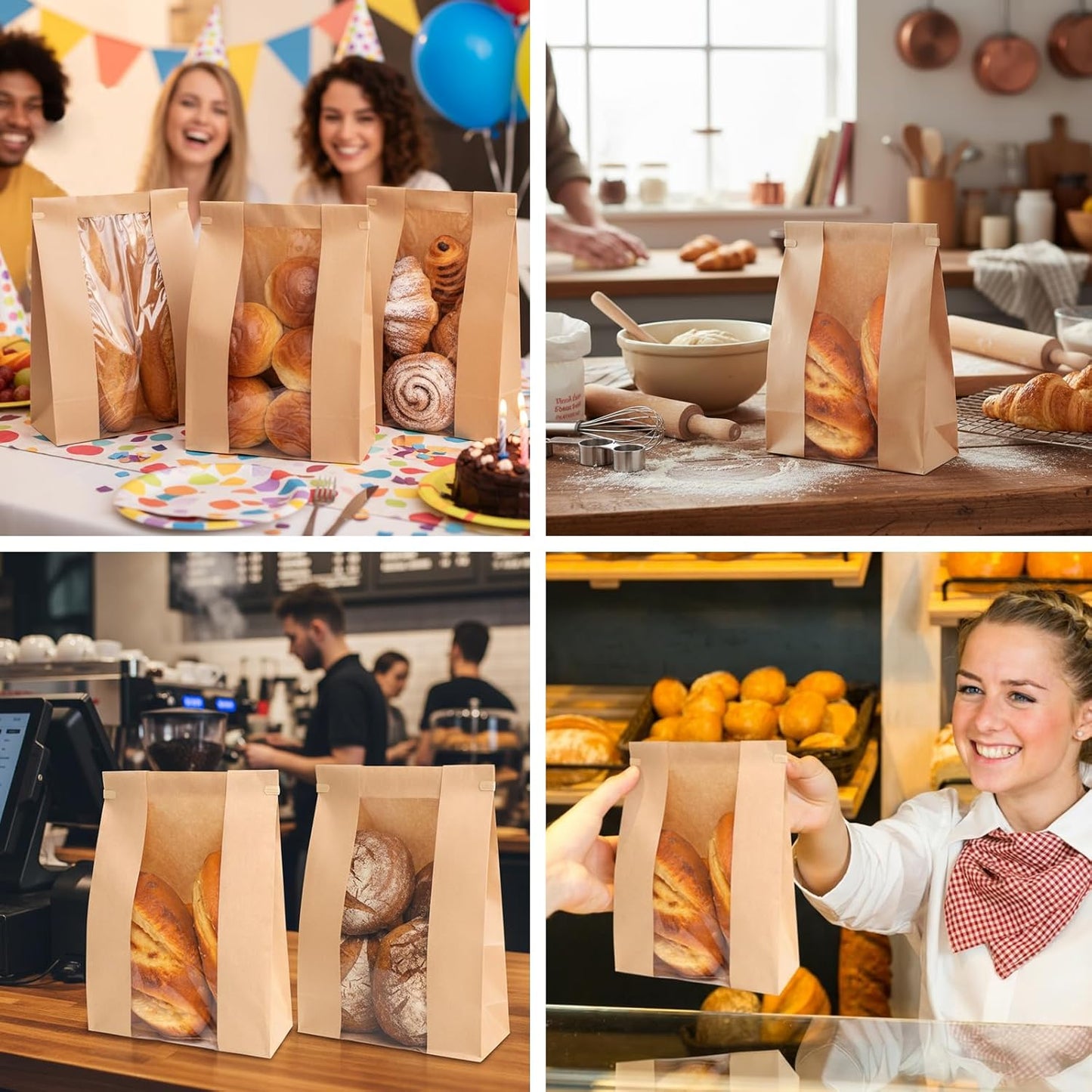 Moretoes 120 Pack Large Paper Bread Bags for Homemade Bread, 13.7x8.3x3.5 Inches, Sourdough Bread Bags with Tin Tie Tab and Clear Front Window, Includes 144 Label Seal Stickers (Brown)