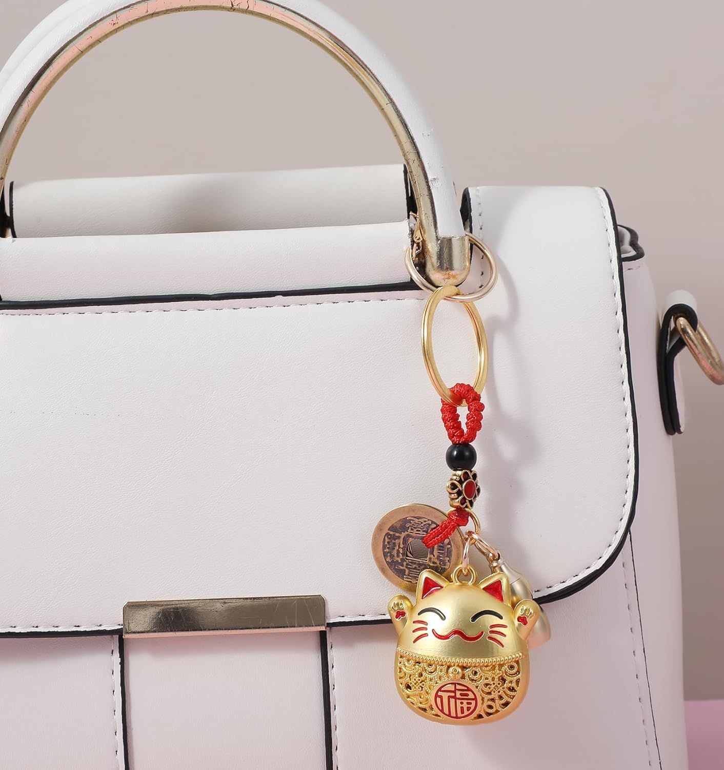 Lucky Cat Keychain, Good Luck Keychain with Feng Shui Coins, Tassel & Gourd, Maneki Statue Charm for Good Luck, Gift for Cat Lovers