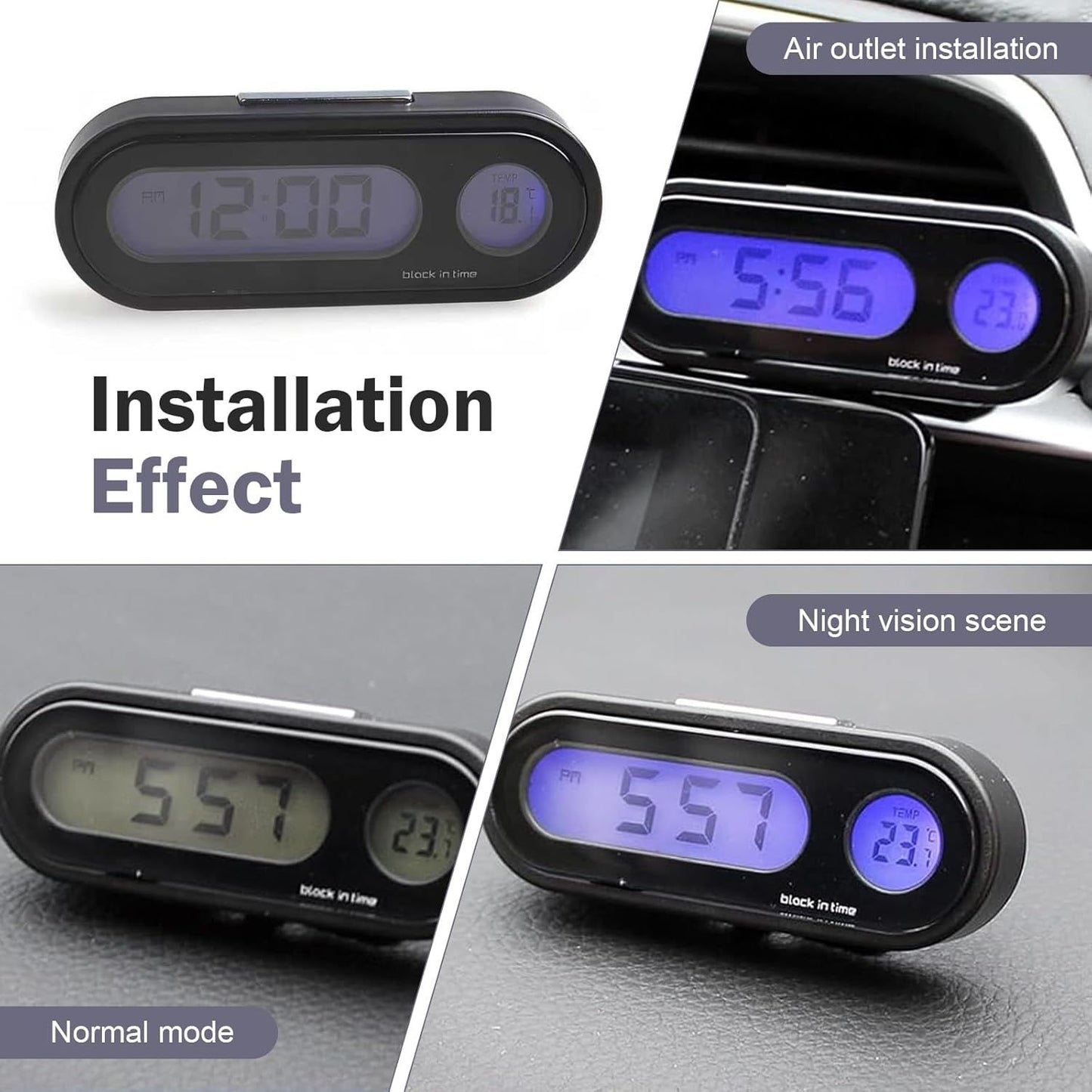 Car Clock, LED Luminous Dashboard Digital Clock, Angle-Adjustable Dual Screen Display for 12/24 Hours Switching Time & Temp, Self-Adhesive Mini Parts for Car & Home (Black)