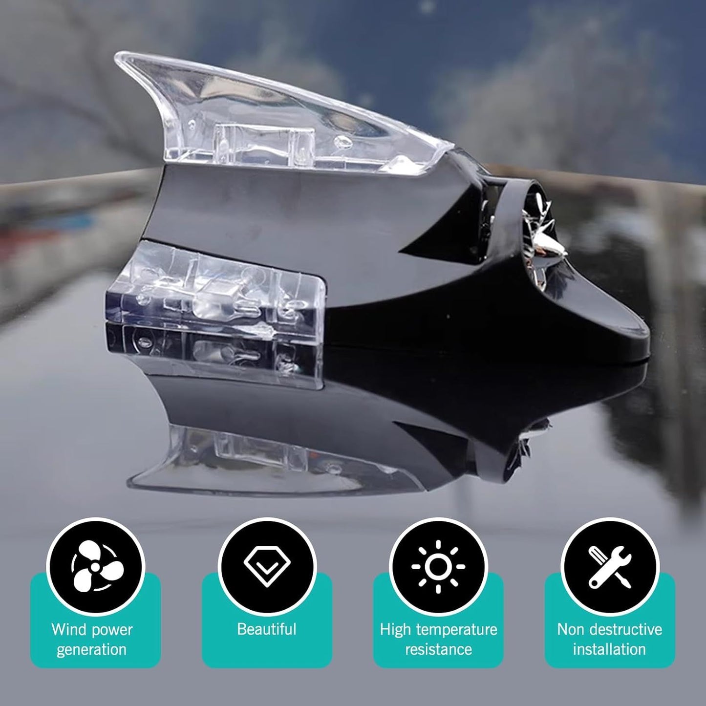 Car Roof LED Ornament Light, Shark Fin Shape High Brightness Safety Warning Lamp, Antenna Wind Power Flashing Tail Light, Universal Waterproof Self-adhesive Decoration for Cars (Black)