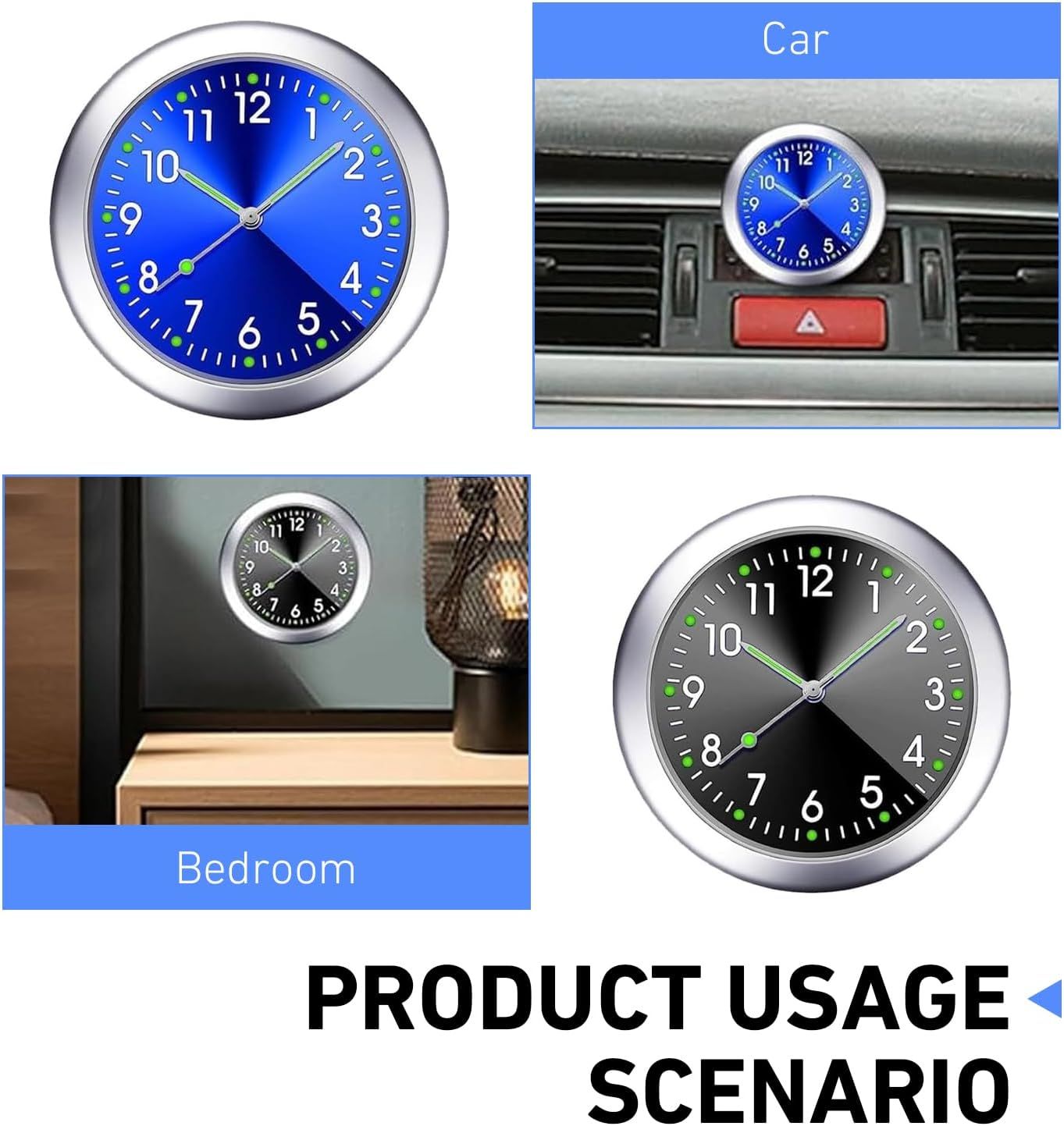 2 PCS Stick on Dashboard Car Clocks, Luminous Digital & Analog Quartz Mini Clock, Alloy Anti-Rust Round Watch, Self-Adhesive Interior Decoration for Most Cars Trucks SUVs (Black & Blue)