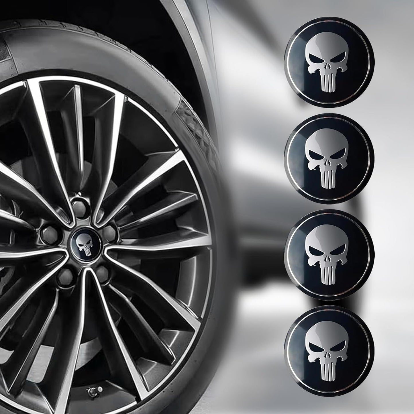 4 PCS Car Wheel Center Caps, 2.24" Cool Personalized Longtooth Skull Wheel Center Hub Cap Cover, Scratch-Resistant Anti-Rust Rim Sticker Accessory, Universal for Cars Tire Trim (Black)