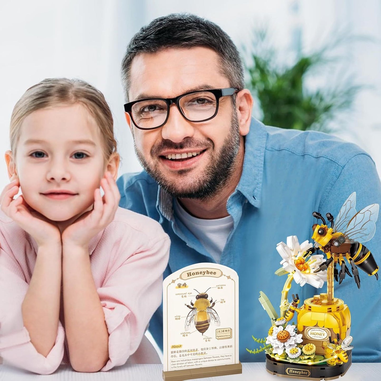 Insect Flower Building Blocks Set,Colorful Construction Building Bricks Toy with a Science Popularization Card,Creative Home Decoration (Honeybee)