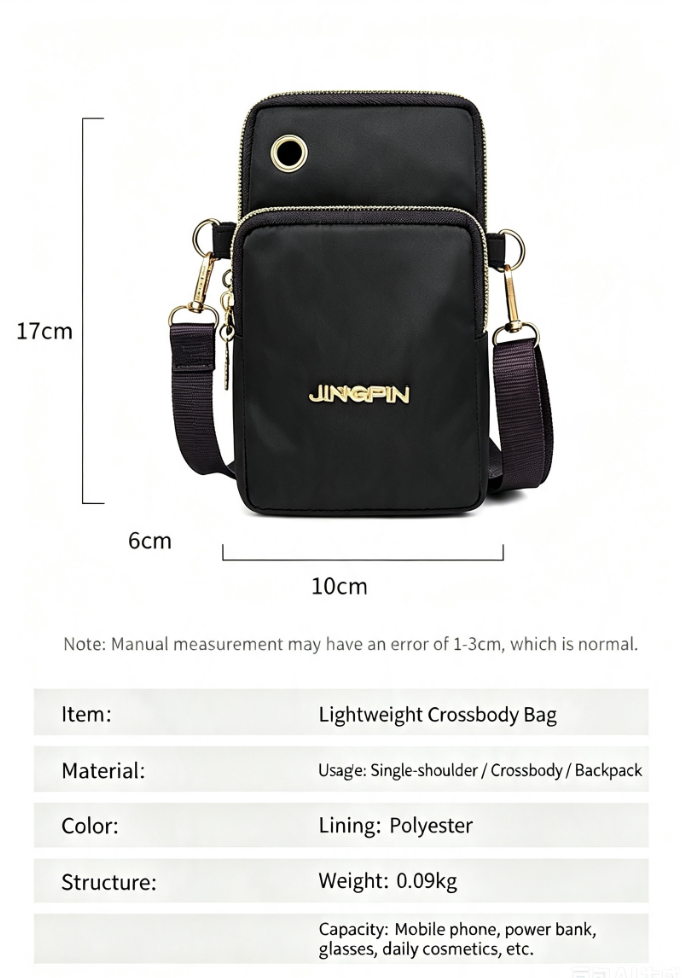 Lightweight Phone Crossbody Bag - Waterproof Oxford Shoulder Bag for Women - Casual Slim Sling Purse for Travel Daily Commute - Black
