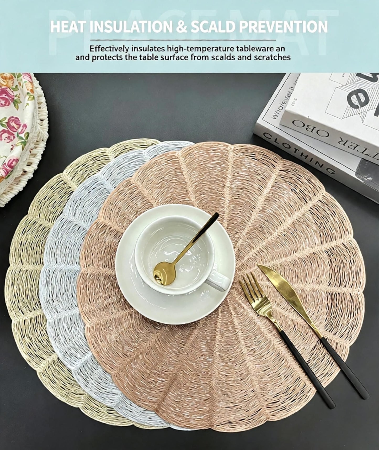 Embroidered Heat Insulation Placemat 6-Pack - Hollow Round PVC Table Mat with Lace Design - Anti-Slip Oil Proof Dining Mat for Kitchen Restaurant - Gold 38cm