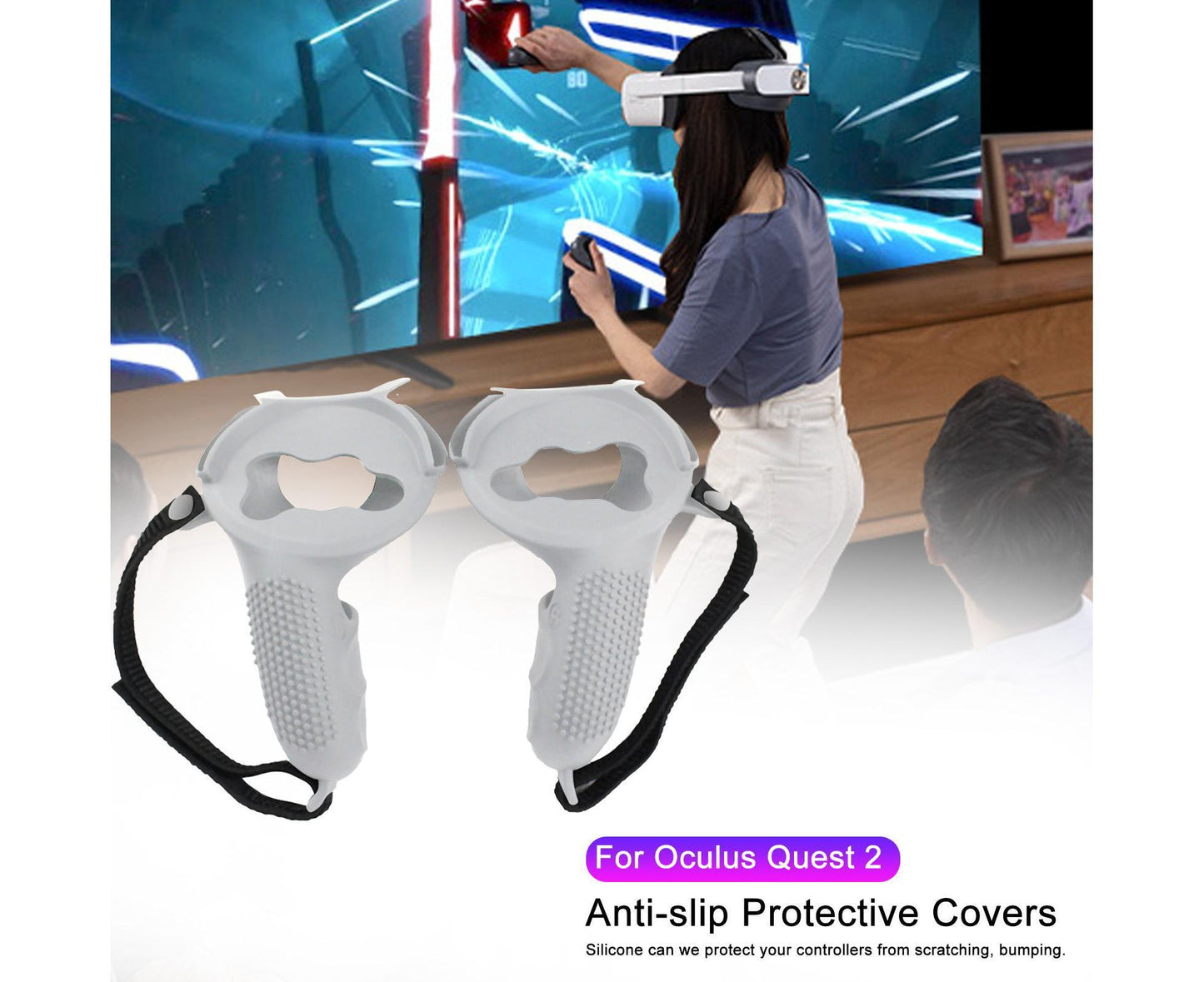 3 in 1 Anti-slip Adjustable Handle Cover Hand Strap Grip Cap Kit for Oculus Quest 2 Controller White