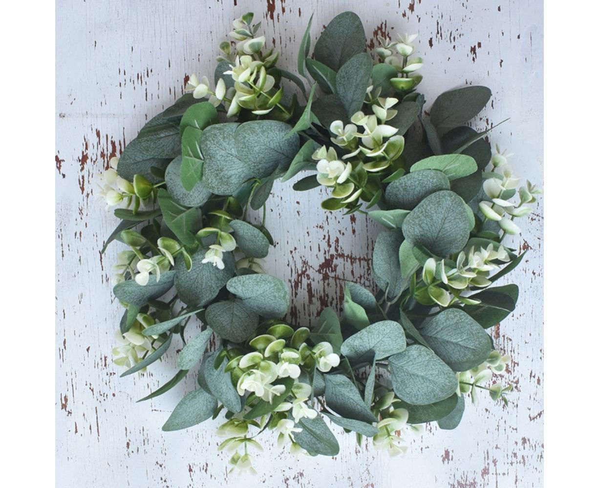 Artificial Eucalyptus Wreath for Front Door, Spring Summer Green Leaf Wreath for Farmhouse Wall Wedding Decor - Green - 33CM