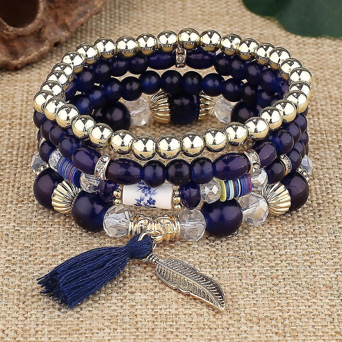 1pcs Bohemian Wood Beads Bracelet, Crystal Beaded Bracelets, Wings Pendant Tassel Multilayer Stretch Jewelry Women's Jewelry