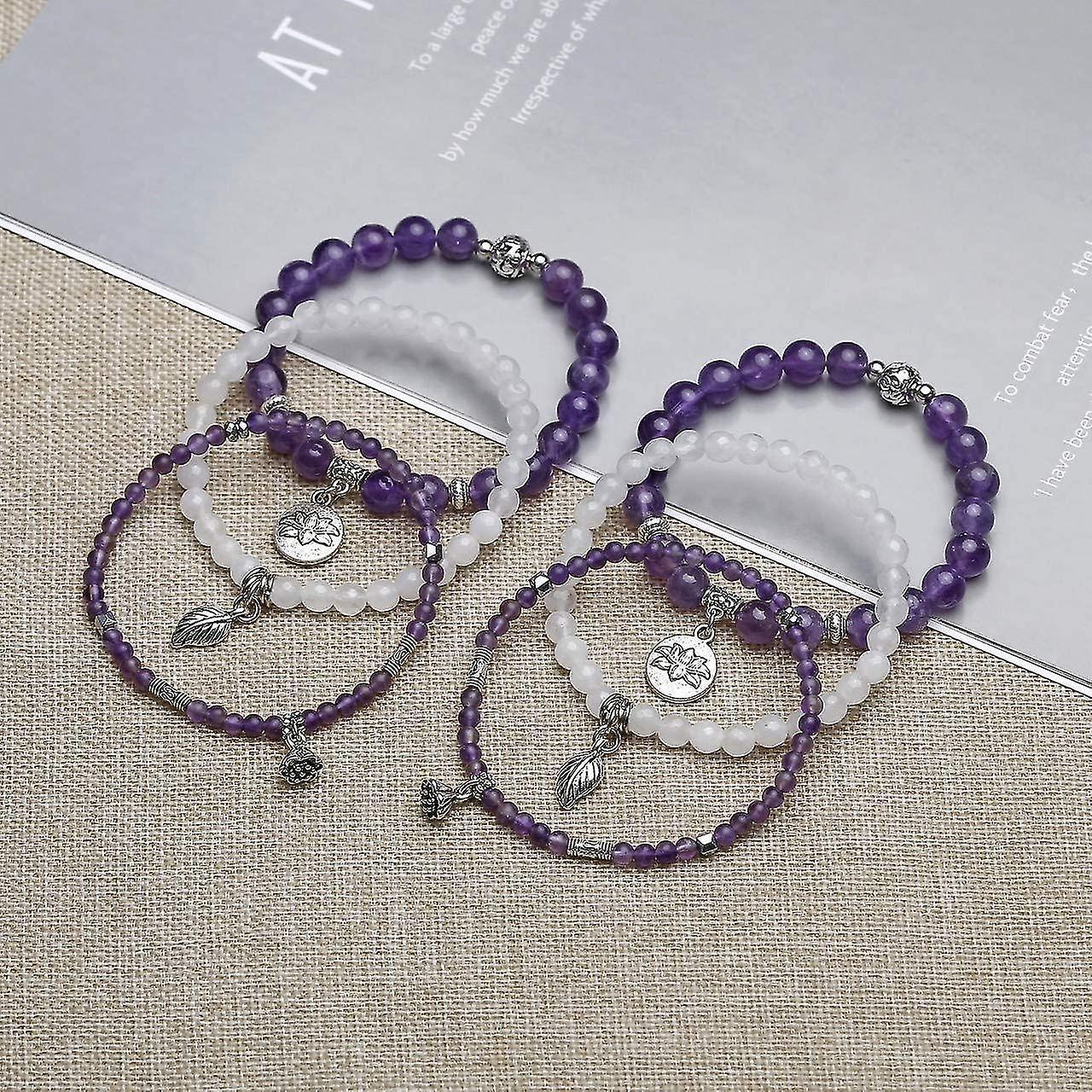3pcs Amethyst Rose Quartz Crystal Beaded Chakra Bracelet Natural Healing Energy Lotus Charm Beads Stone Reiki Stackable Stretch Bracelets Set