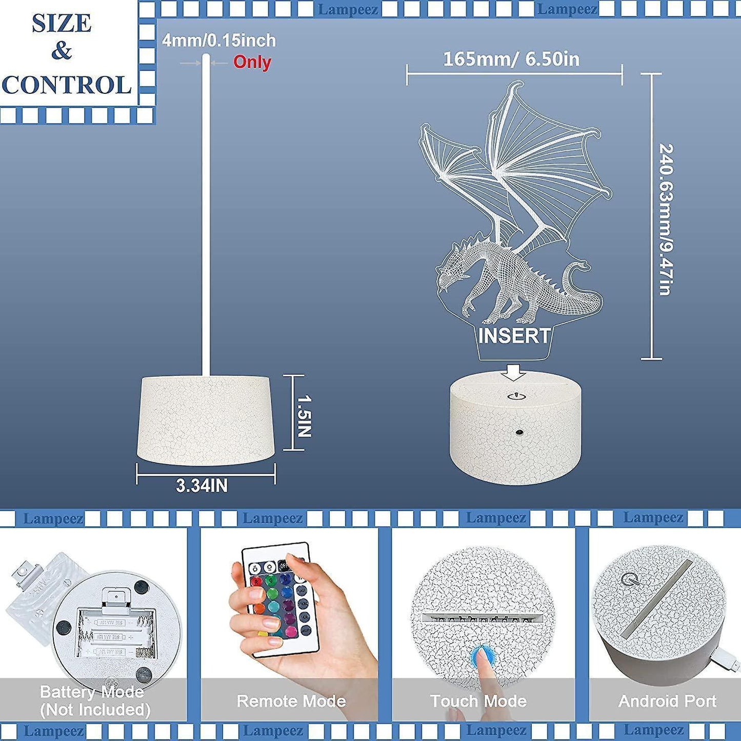 3D Dragon Lamp Night Light 3D Illusion lamp 16 Color