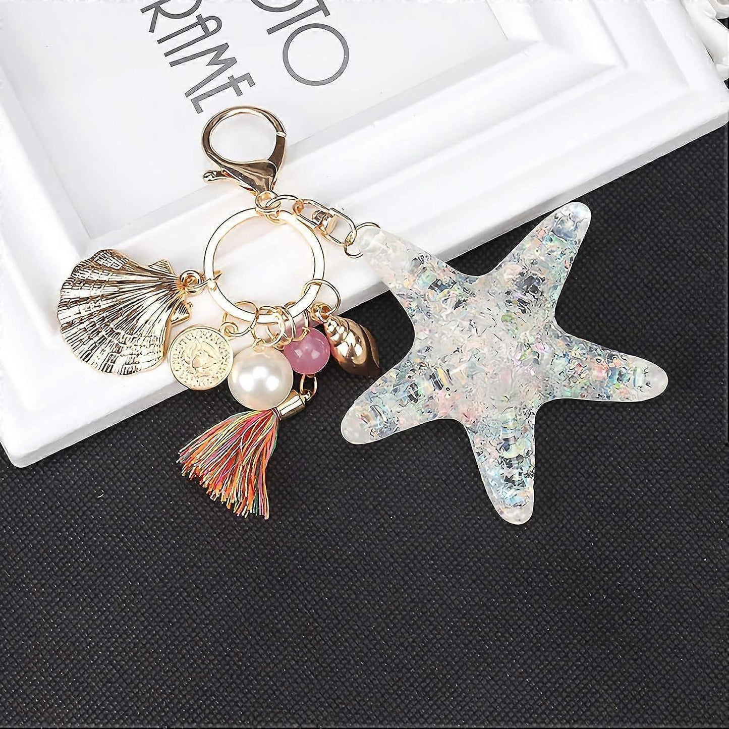 Silver Cross Rhinestone Keychain Charm Pendant Purse Bag Crystal Key Holder Arts Craft Pendant Inspiration Key Ring (starfish & shell)
