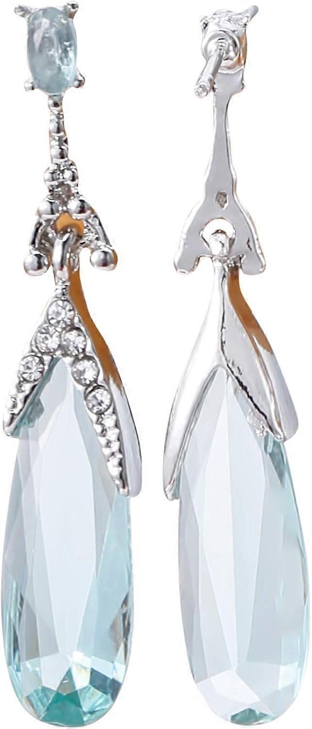 Water Drop Long Dangle Earrings Crystal Waterdrop Pierced Crystal Teardrop Long Earrings for Women Simple Jewelry, Blue