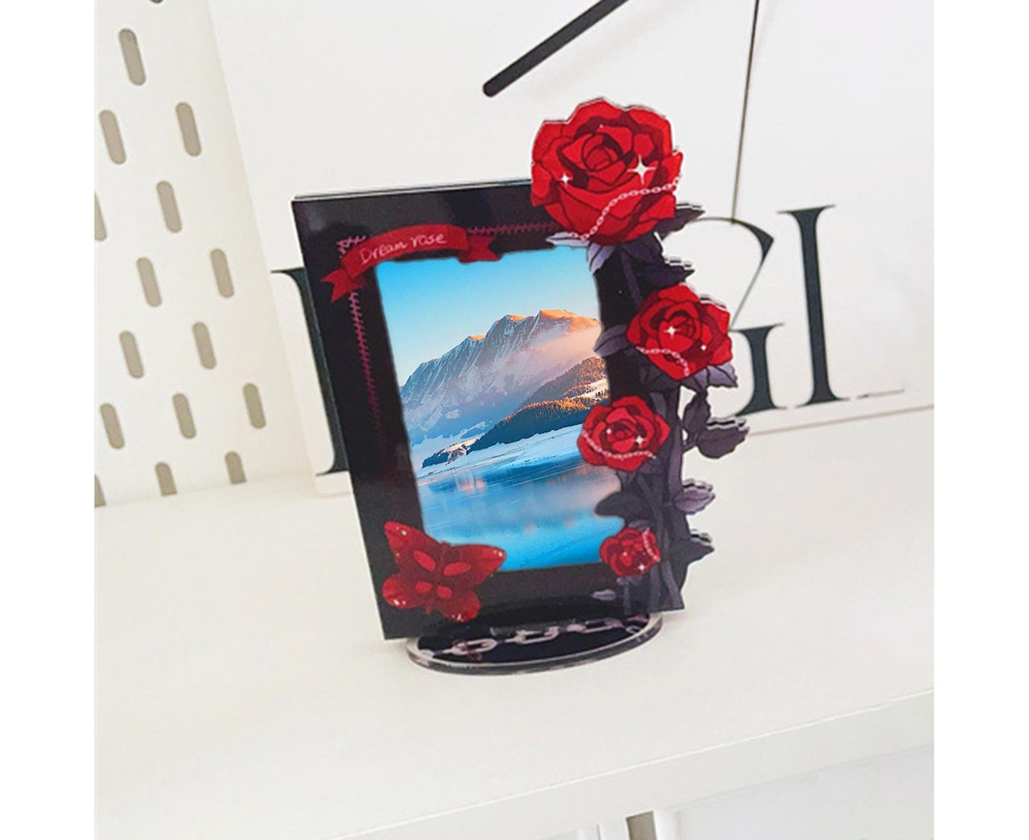 Acrylic Photocard Holder Rose Lily Flower Theme Heavy Duty Standing Mini Photo Stand Picture Display Frame Table Decoration - Red