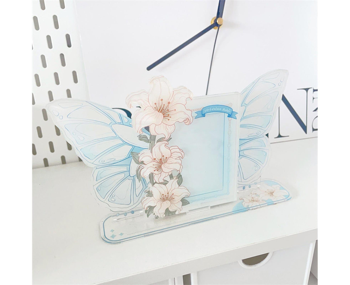 Acrylic Photocard Holder Rose Lily Flower Theme Heavy Duty Standing Mini Photo Stand Picture Display Frame Table Decoration - Blue