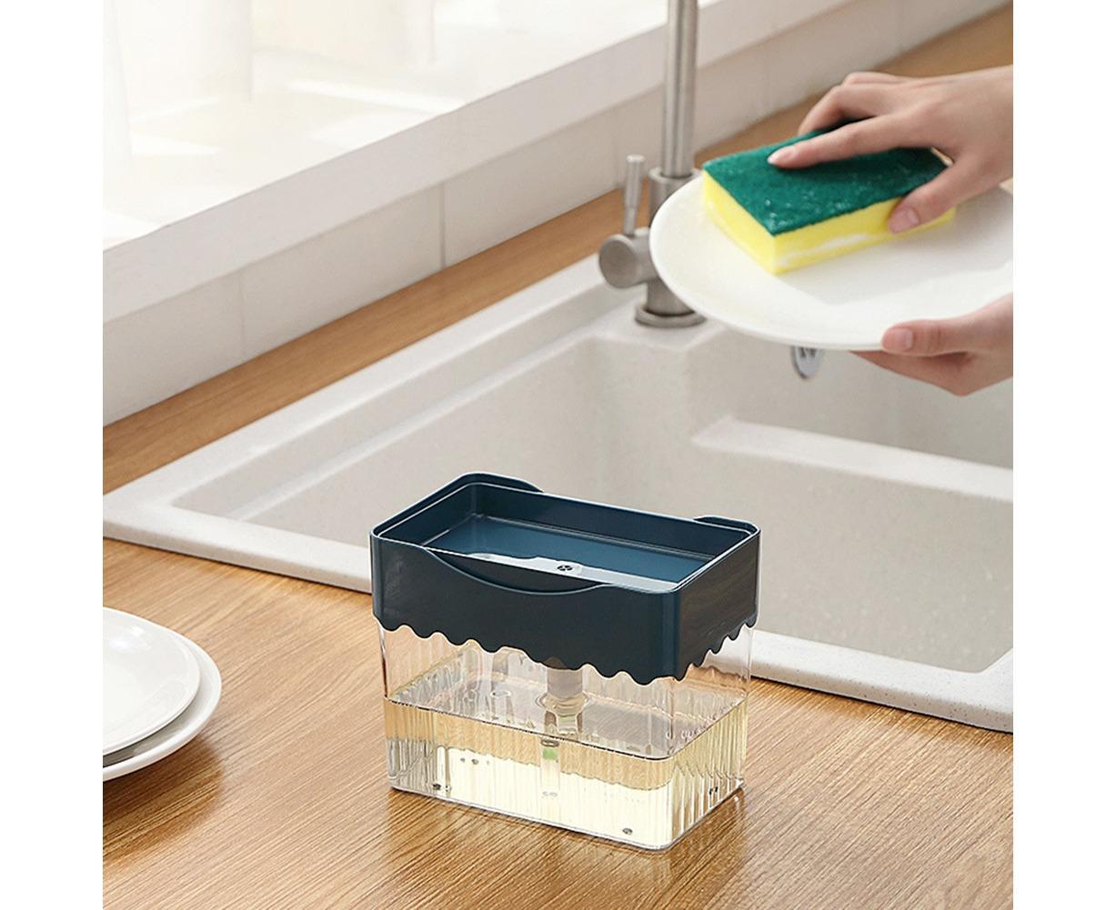 Kitchen Soap Dishwashing Detergent Press Dispenser Sponge Cleaning Pad Container-White