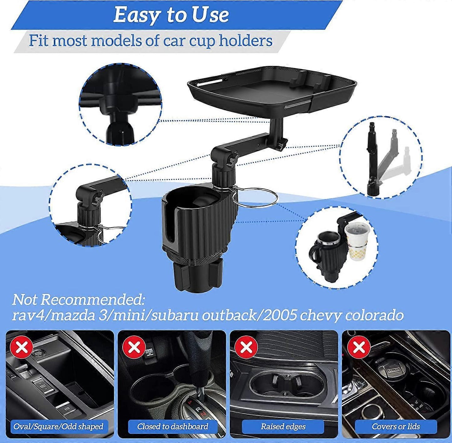 Car Cup Holder Expander with Detachable Tray, Multifunctional Car Tray Table
