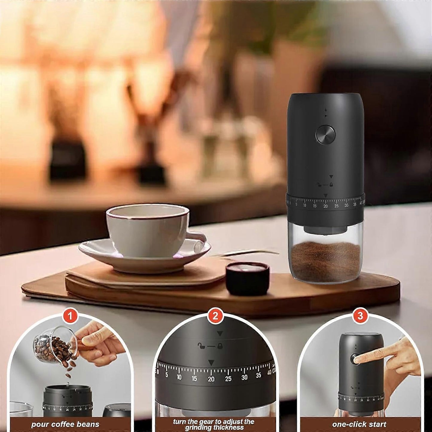 Electric Coffee Grinder - Rechargeable Coffee Mill, Compact Grinder for Office & Travel