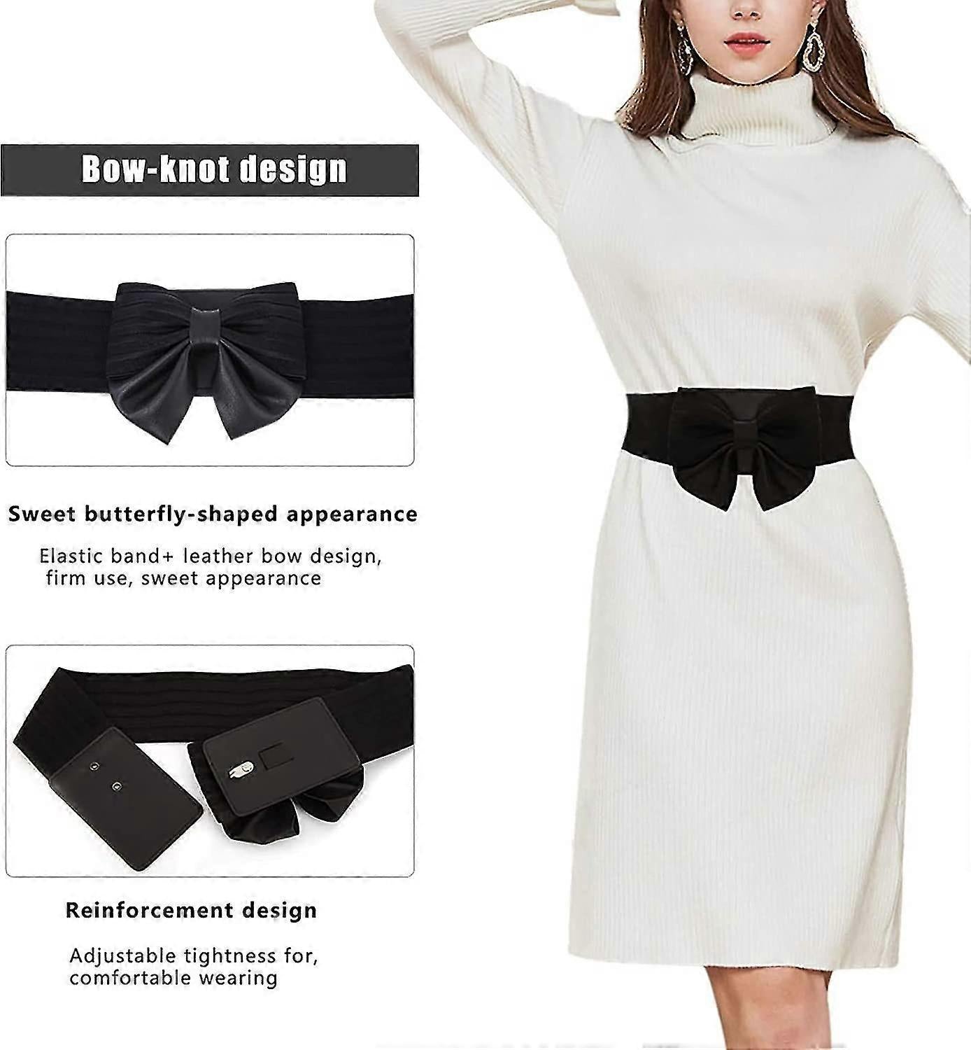 Women's Faux Leather Wide Belt with Bow, Elastic Waistband