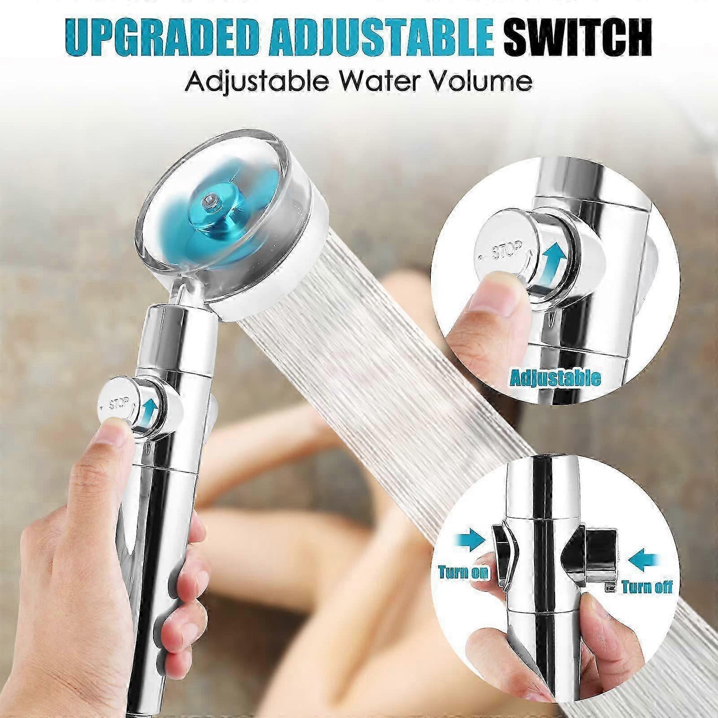 Rotating Propeller Shower Head with Filter, High Pressure & Water Saving