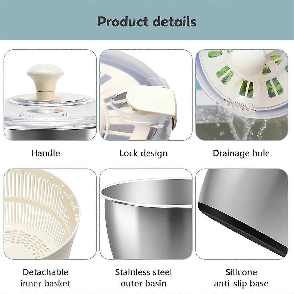 Stainless Steel Salad Spinner with Lid & Drain Basin Frame