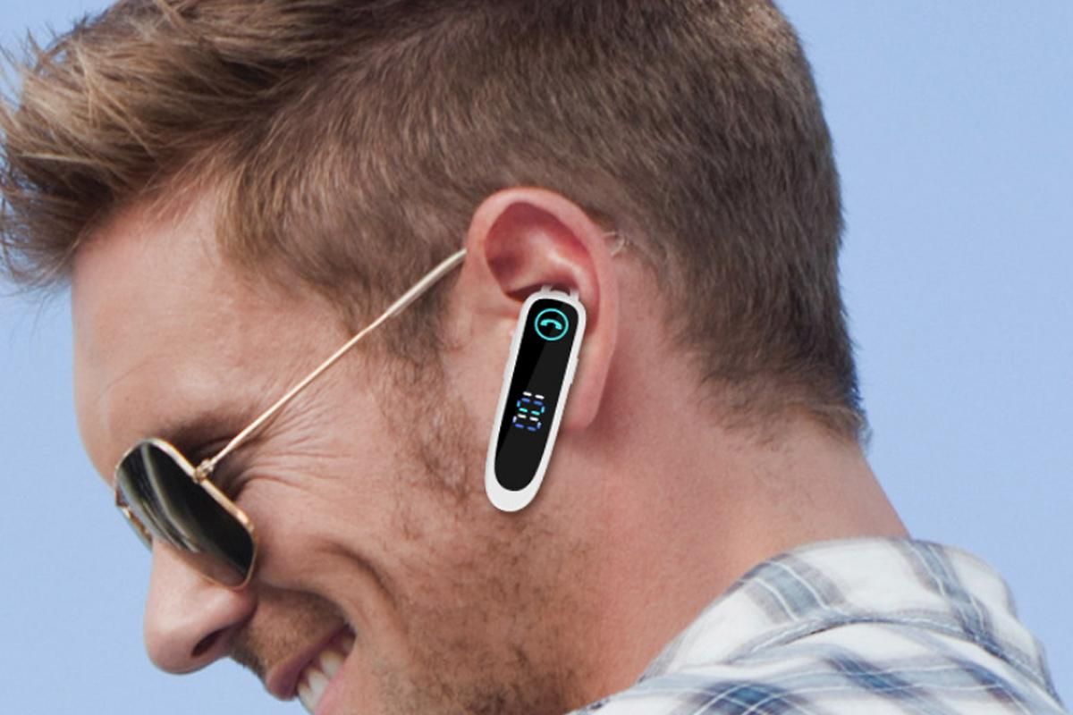 Bluetooth Earphone Single Ear Business Earbuds Ear Hook Super Long Standby IPX7 Waterproof Single Business Driver Wireless Headset -White