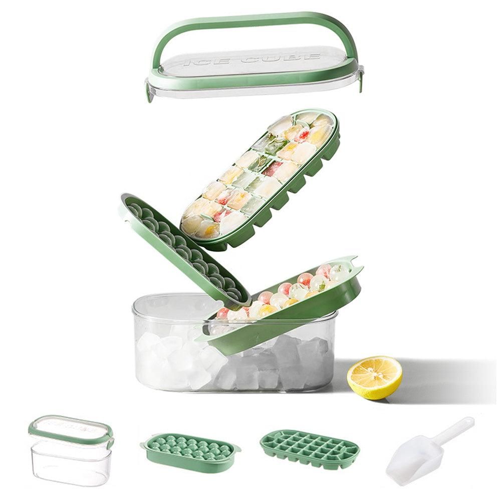 2-Tier Ice Cube Tray Mold with Press-Release Lid & Storage Box for Kitchen Beige
